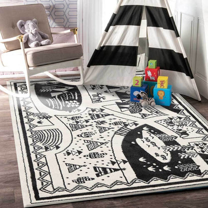 Piccolo Black and White Kids Camping Adventure Kids Rug