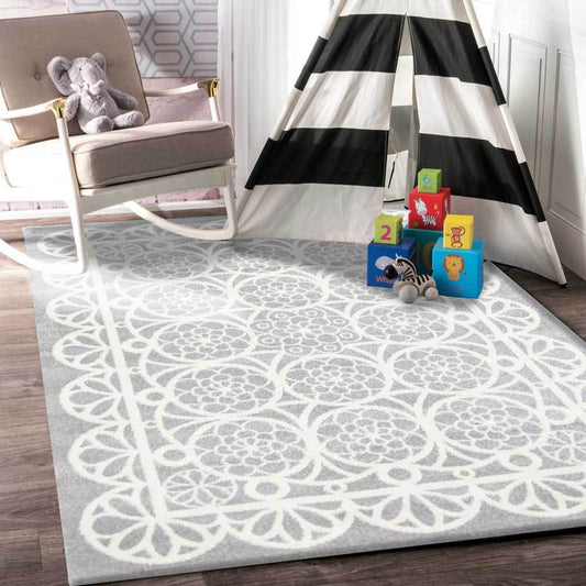 Piccolo Grey and White Doily Kids Rug - /products/doily-grey-white