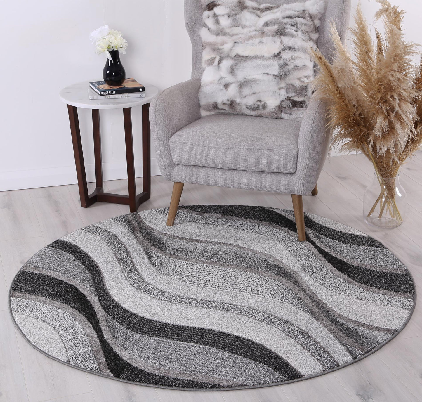 Chelsea Waves Grey Plush Round Rug