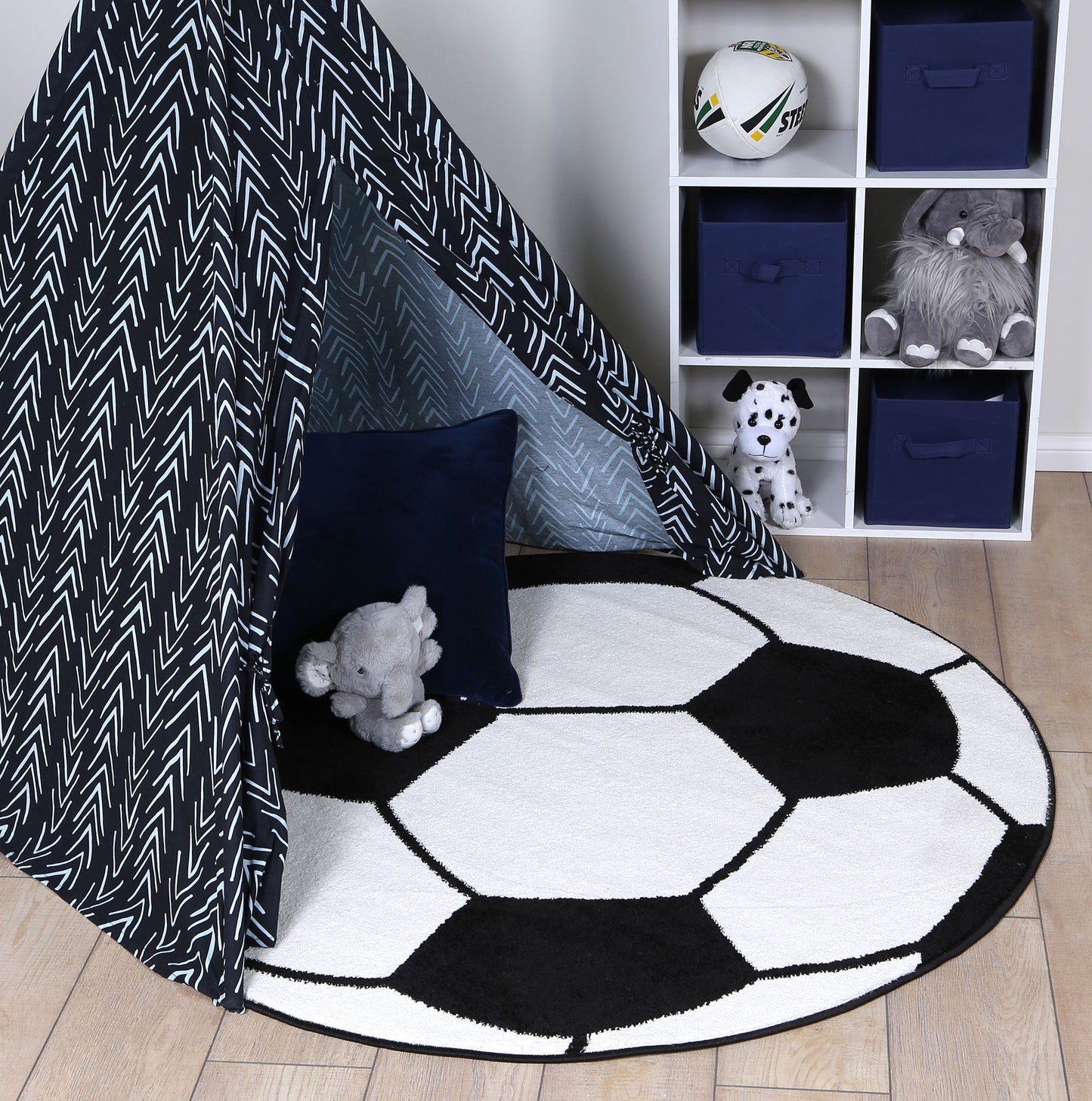 Happy Feet Soccer Ball Black and White Kids Rug