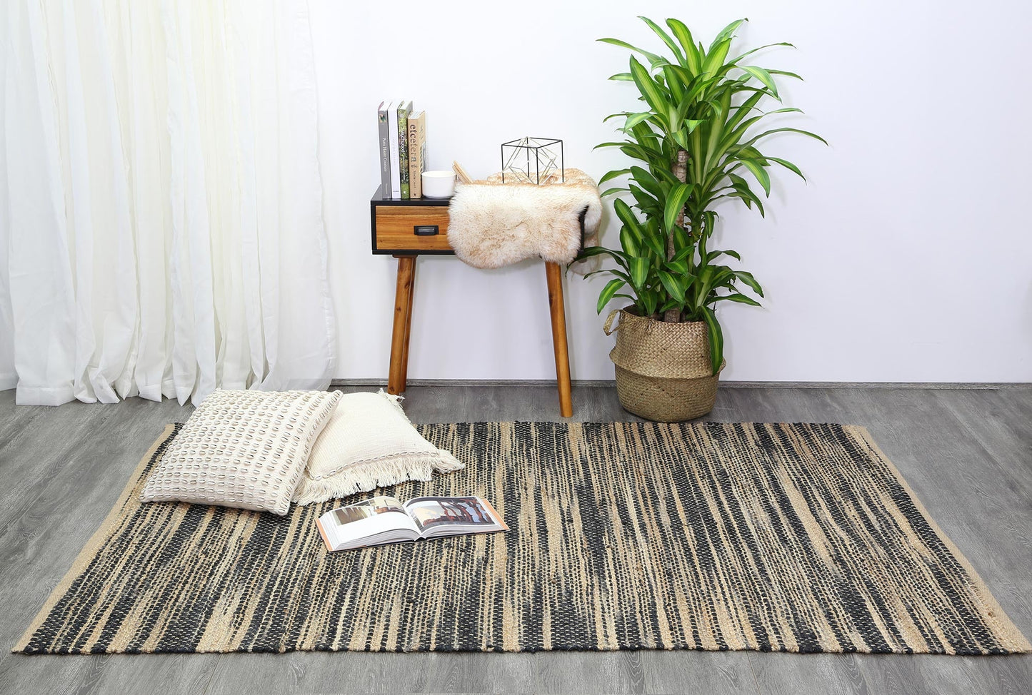 Malmo Grey Stipe Natural Jute Rug