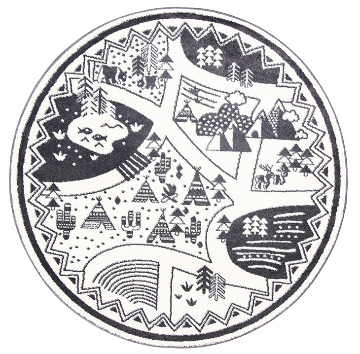 Piccolo Black and White Kids Camping Adventure Kids Round Rug