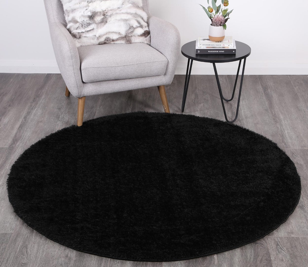 Puffy Soft Shag Round Rug Black