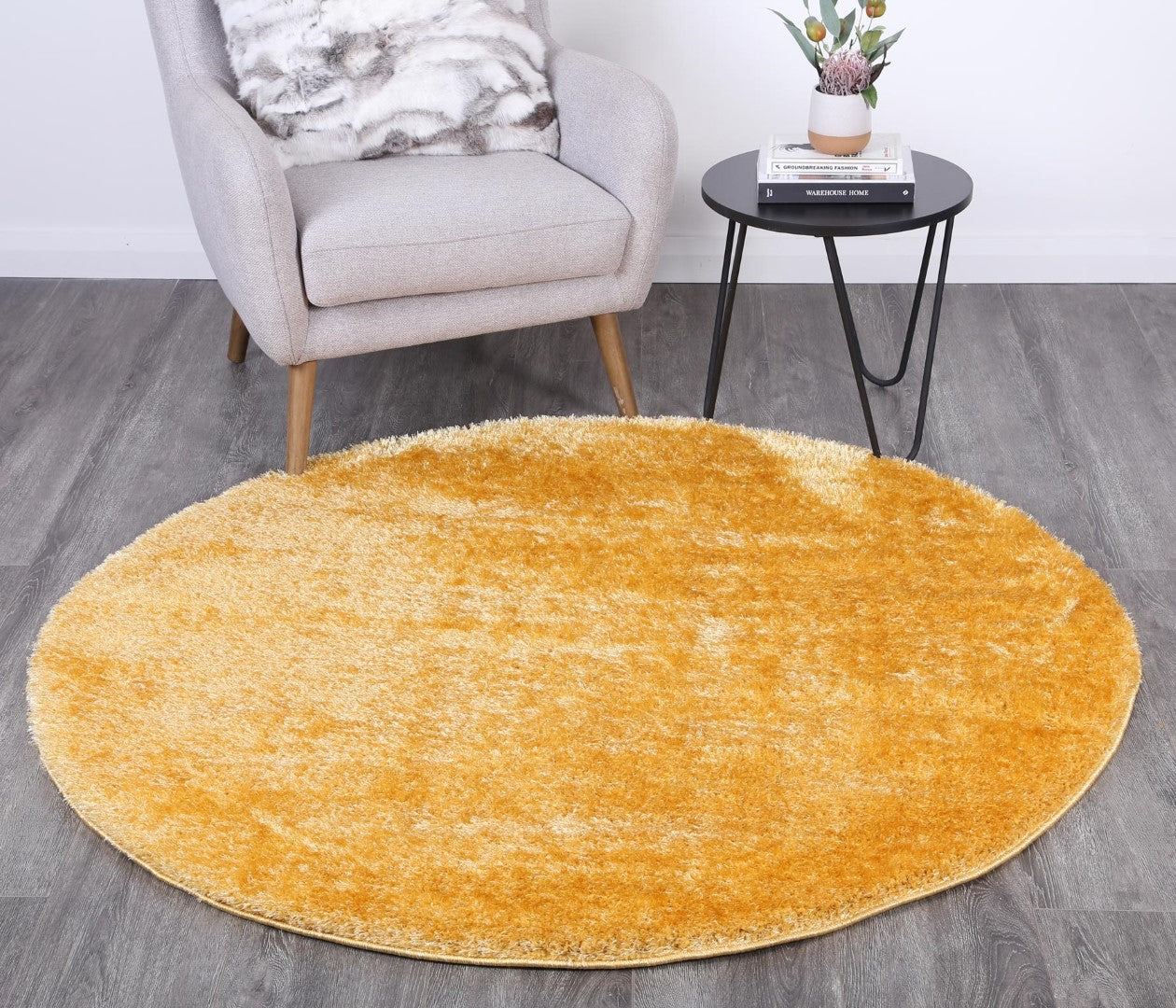 Puffy Soft Shag Round Rug Mustard