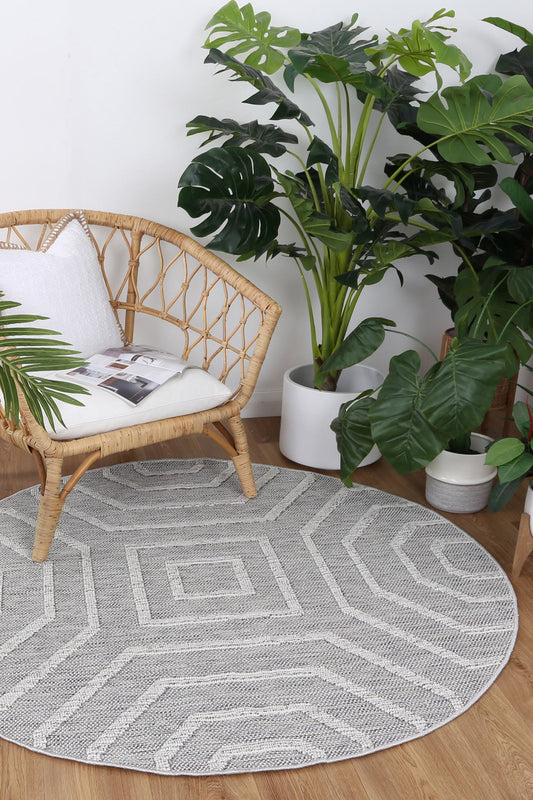 Vanuatu Devesi Grey Geometric Round Flatweave Rug - /products/vanuatu-devesi-grey-geometric-round-flatweave-rug
