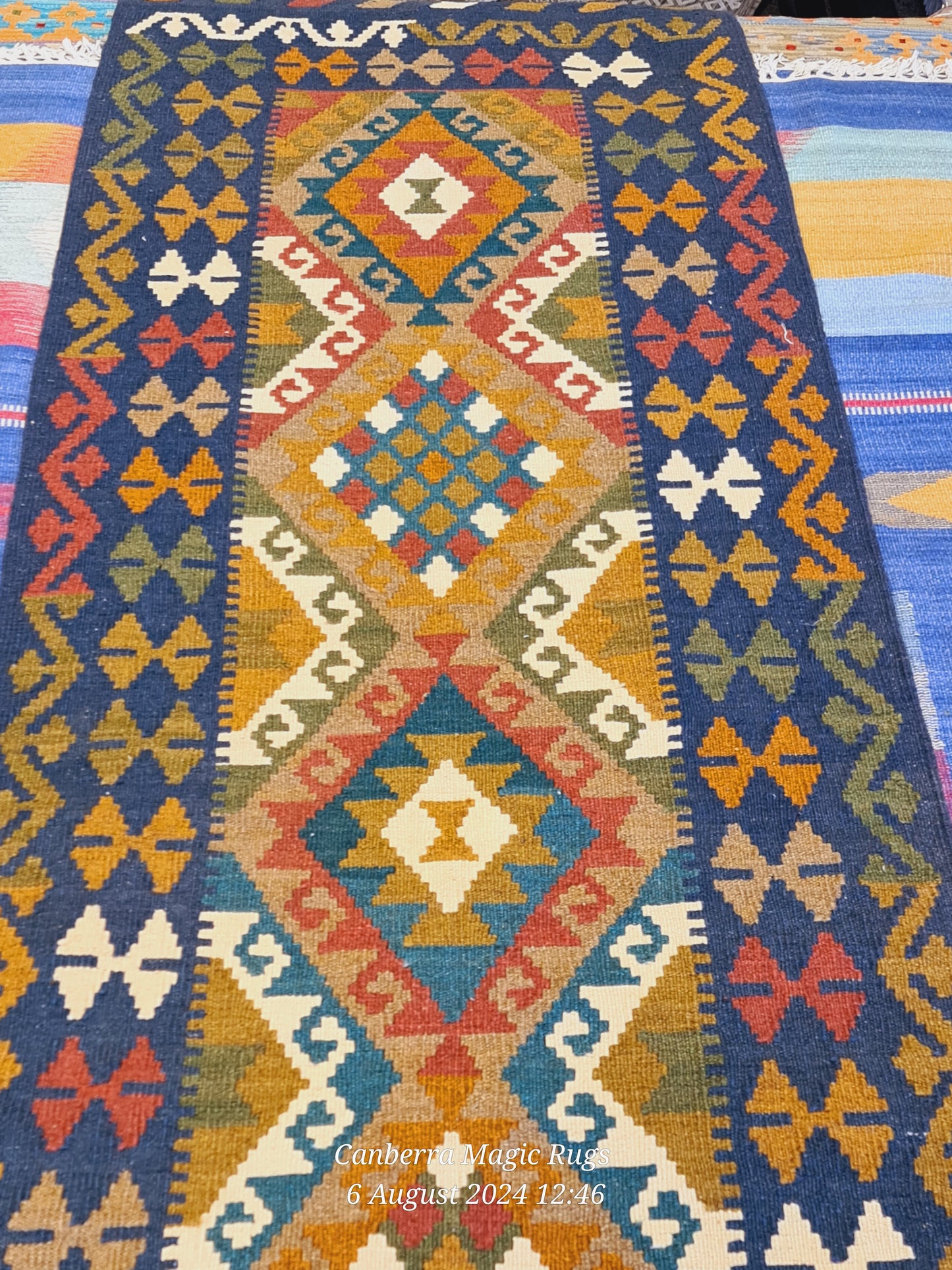 Beautiful natural dyes and 100% wool handwoven Maimana Hallway Killim from Northern Afghanistan