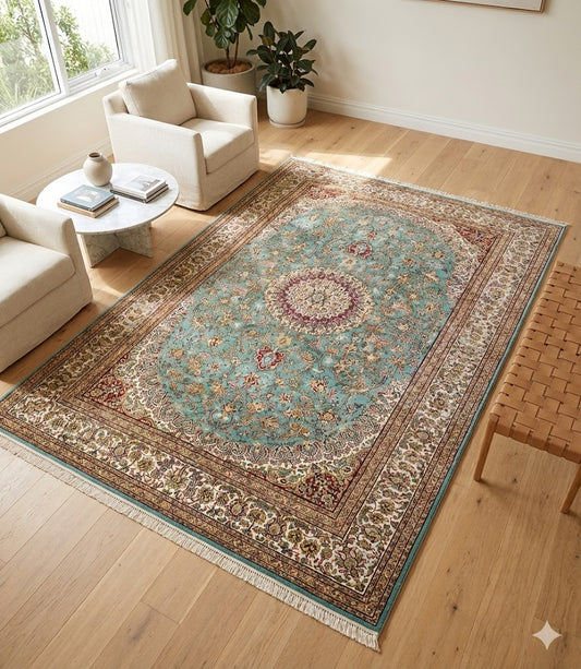 Affordable Modern Rugs CanberraTurquoise Aqua Medallion Hand-knotted Silk Rug (160 x 250 cm) - /products/hand-knotted-silk-kashmiri-rugs